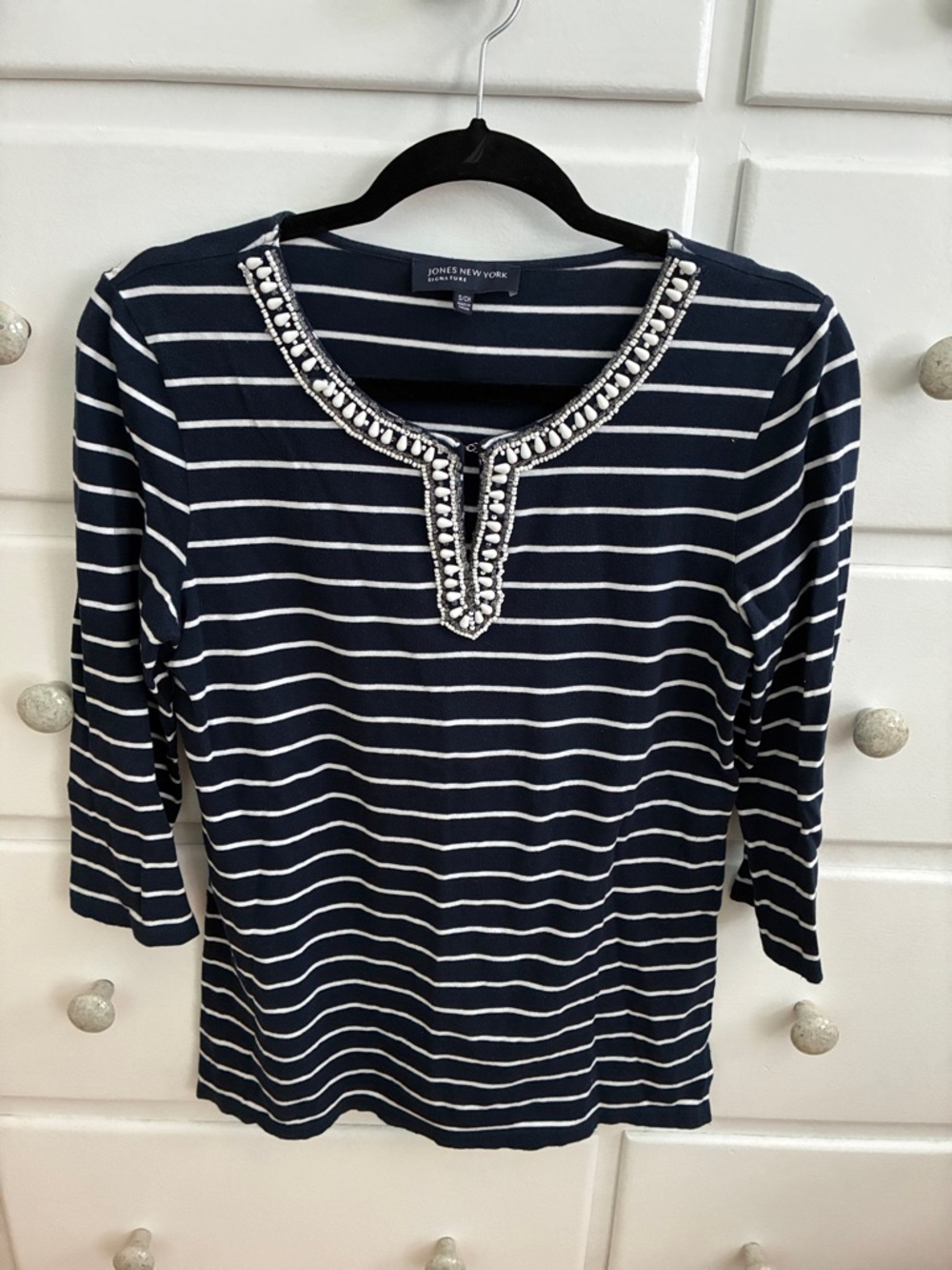 Jones New York Navy and White Striped Beaded Neckline Top